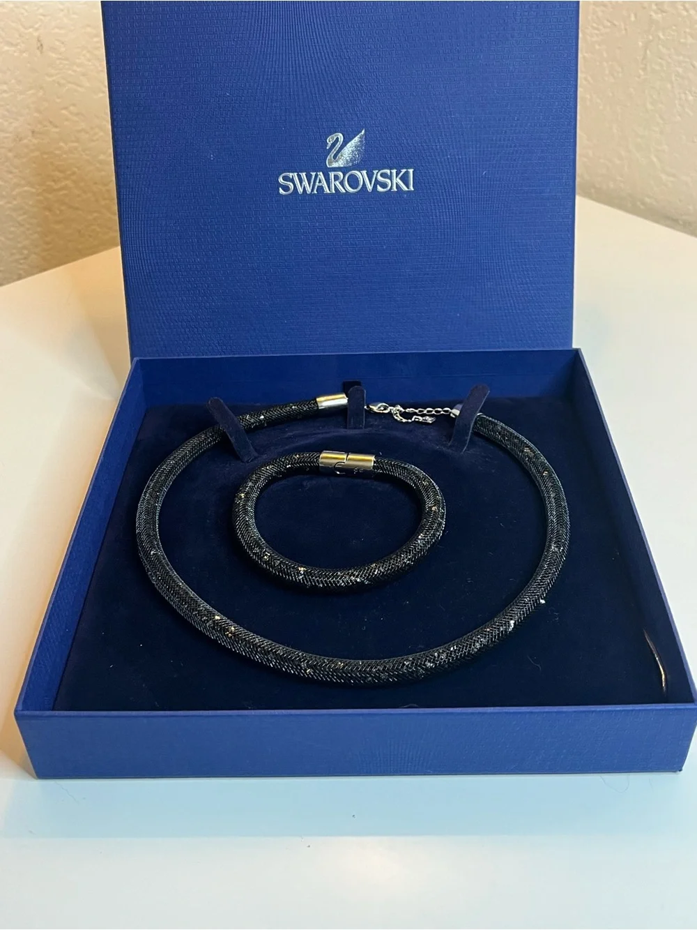 Swarovski Black Sparkle Crystal Mesh Necklace and Bracelet Set Boxed NWT